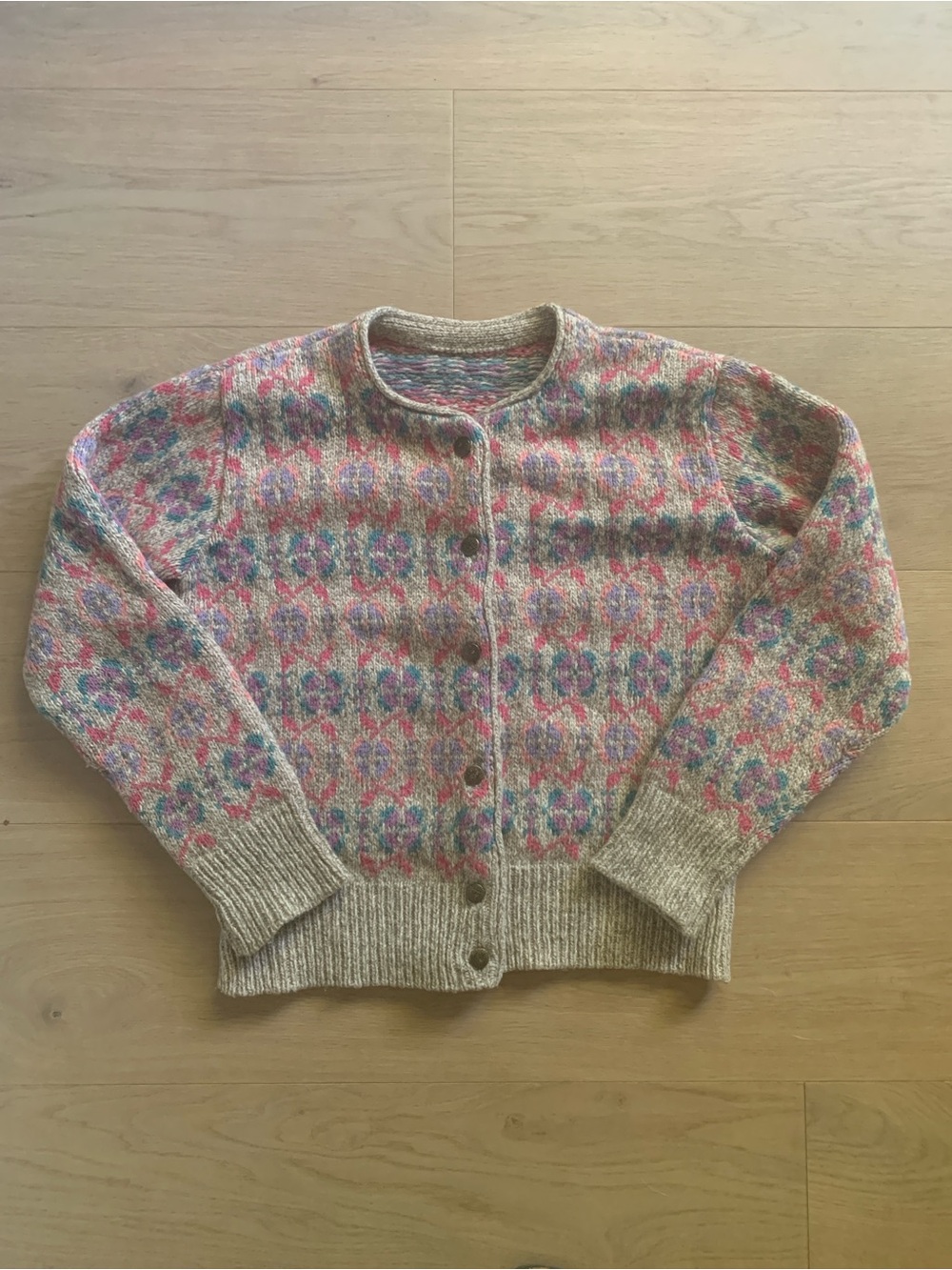 Vintage 90s Alps 100% Wool Fair Isle Cardigan Women’s S Floral Cottage Sweater